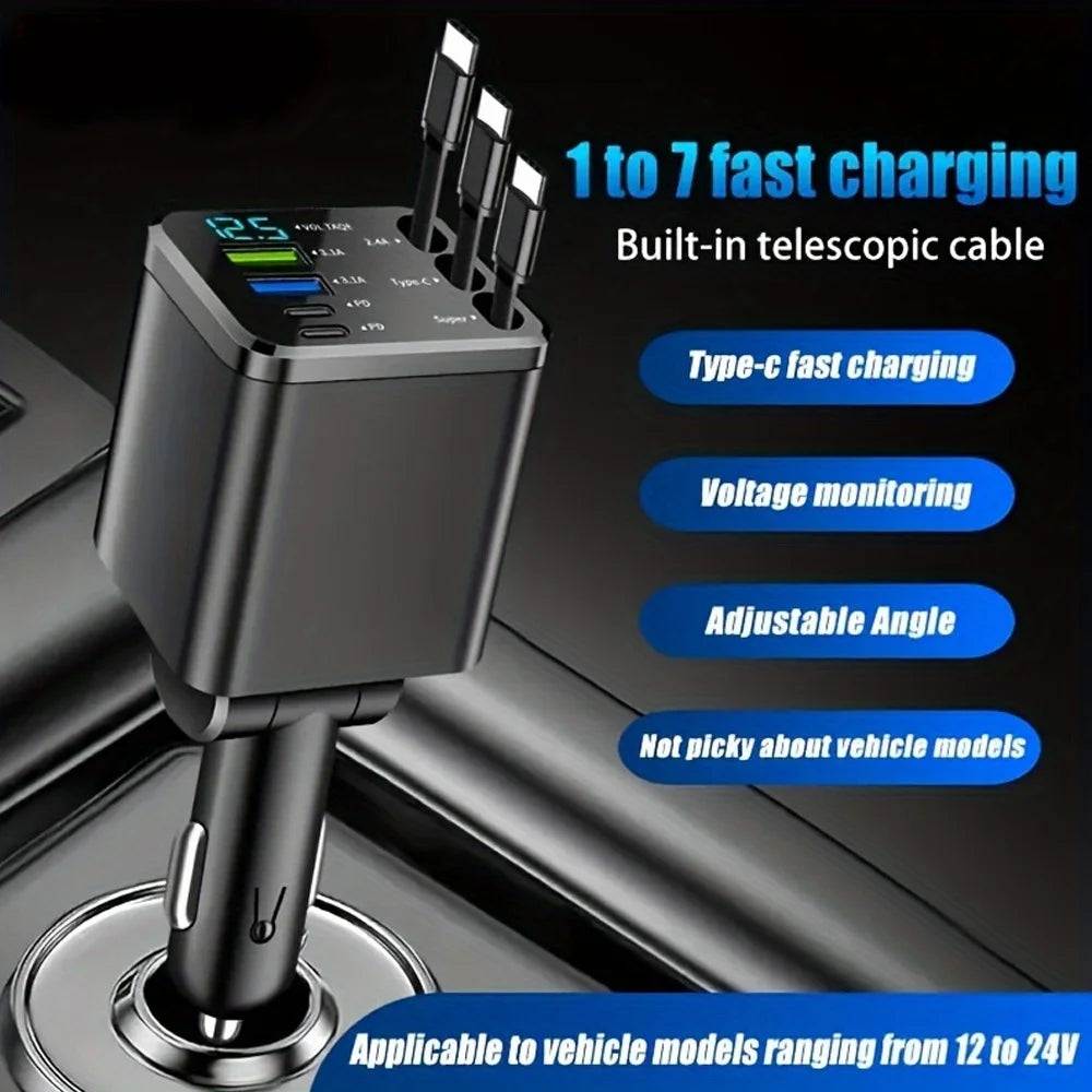7-in-1 Car Charger with Retractable Cable and Multiple Fast-Charging Ports; LED Display for Real-Time Voltage Monitoring; Simultaneous Charging for Multiple Devices (Phones and Tablets); Say Goodbye to Cluttered Cables in You