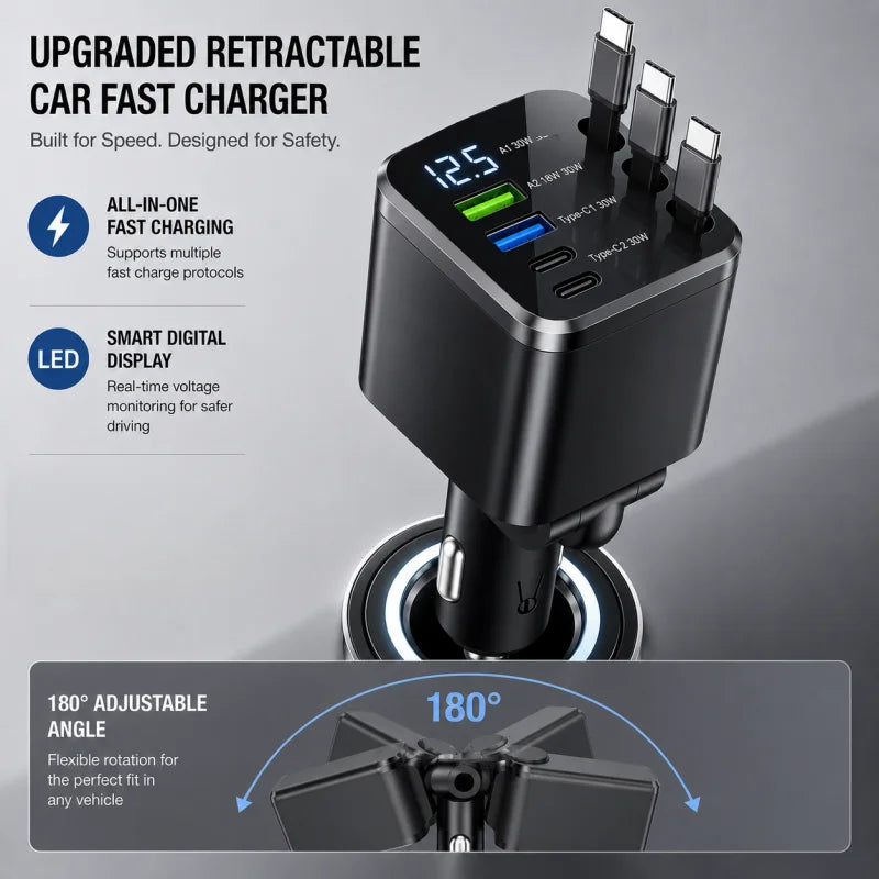 7-in-1 Car Charger with Retractable Cable and Multiple Fast-Charging Ports; LED Display for Real-Time Voltage Monitoring; Simultaneous Charging for Multiple Devices (Phones and Tablets); Say Goodbye to Cluttered Cables in You