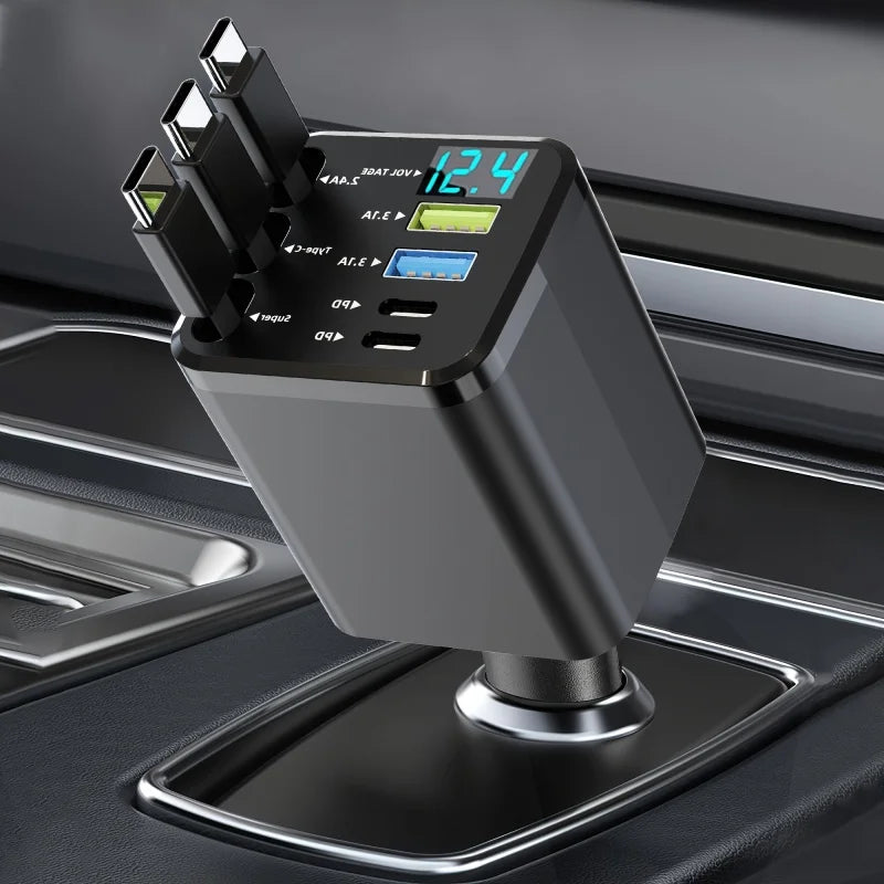 7-in-1 Car Charger with Retractable Cable and Multiple Fast-Charging Ports; LED Display for Real-Time Voltage Monitoring; Simultaneous Charging for Multiple Devices (Phones and Tablets); Say Goodbye to Cluttered Cables in You