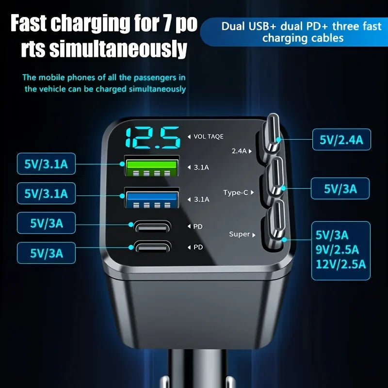 7-in-1 Car Charger with Retractable Cable and Multiple Fast-Charging Ports; LED Display for Real-Time Voltage Monitoring; Simultaneous Charging for Multiple Devices (Phones and Tablets); Say Goodbye to Cluttered Cables in You