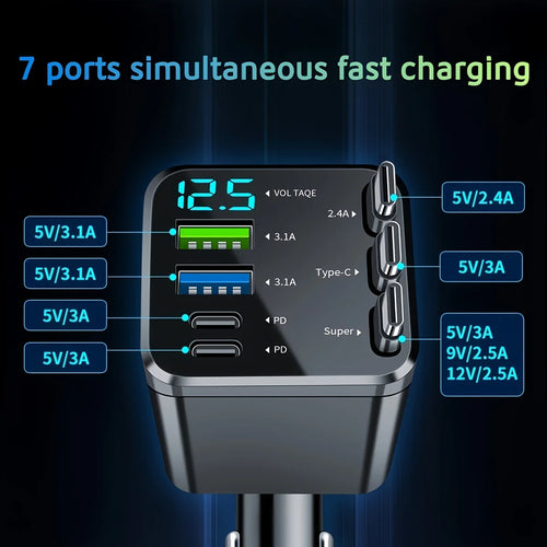 7-in-1 Car Charger with Retractable Cable and Multiple Fast-Charging Ports; LED Display for Real-Time Voltage Monitoring; Simultaneous Charging for Multiple Devices (Phones and Tablets); Say Goodbye to Cluttered Cables in You