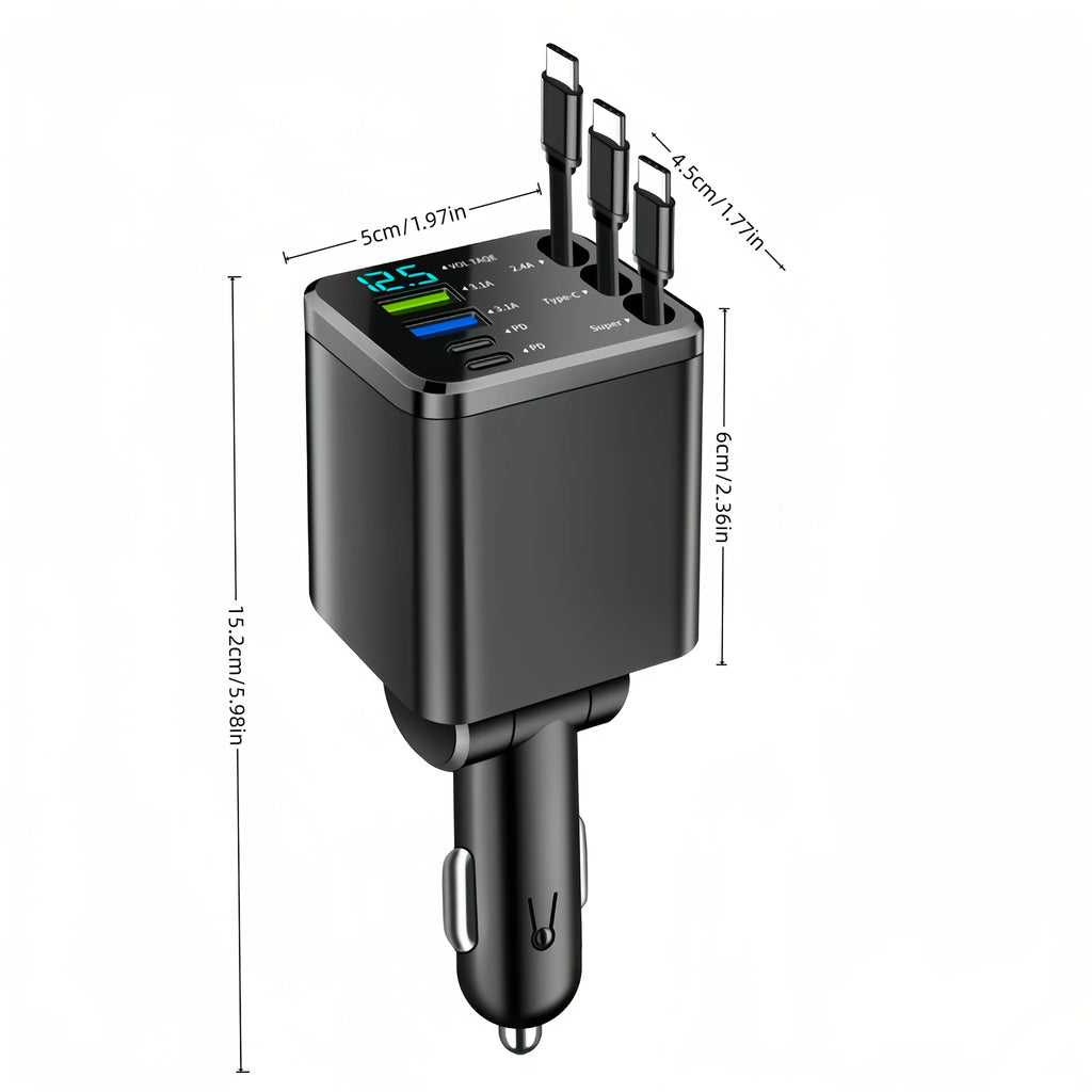 7-in-1 Car Charger with Retractable Cable and Multiple Fast-Charging Ports; LED Display for Real-Time Voltage Monitoring; Simultaneous Charging for Multiple Devices (Phones and Tablets); Say Goodbye to Cluttered Cables in You