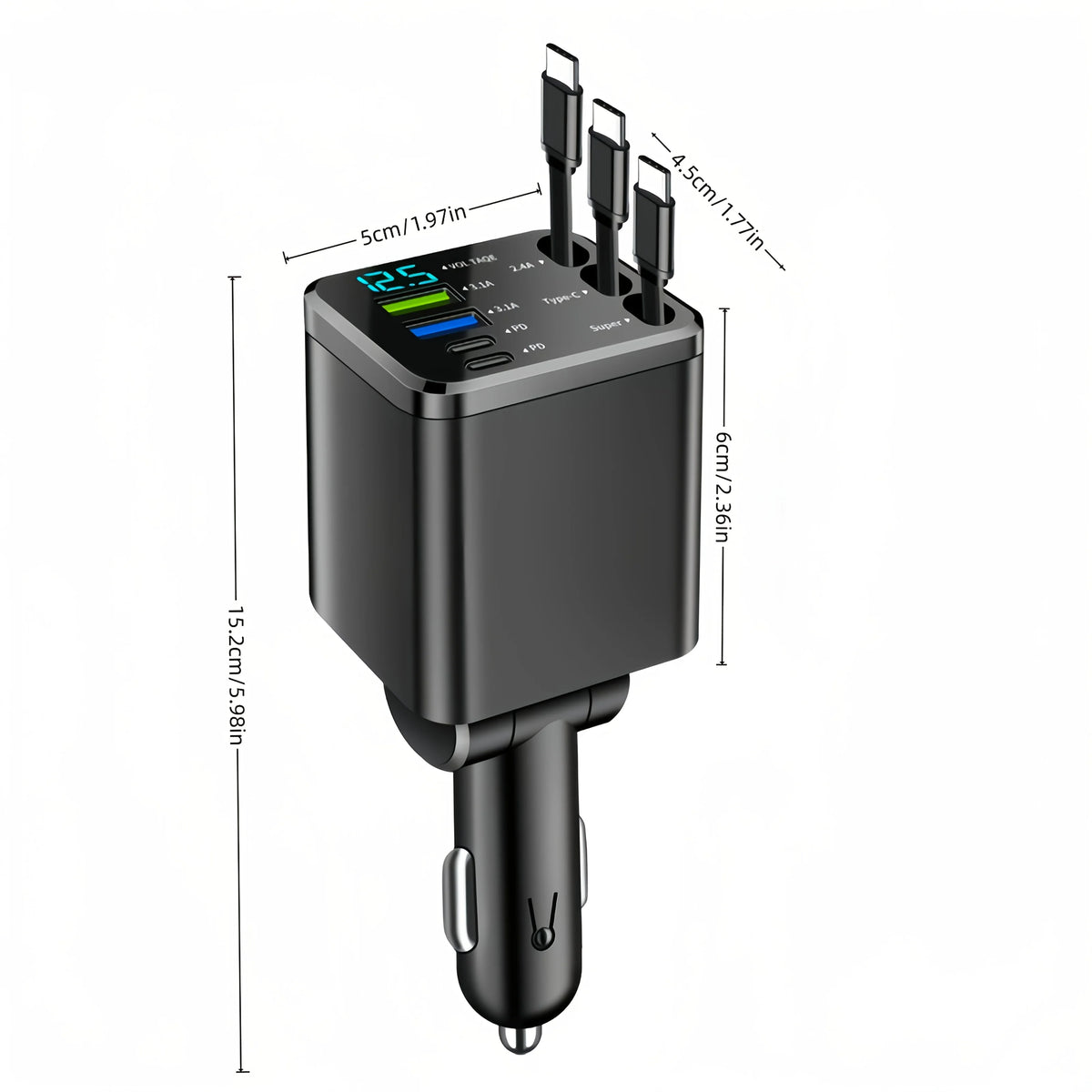7-in-1 Car Charger with Retractable Cable and Multiple Fast-Charging Ports; LED Display for Real-Time Voltage Monitoring; Simultaneous Charging for Multiple Devices (Phones and Tablets); Say Goodbye to Cluttered Cables in You