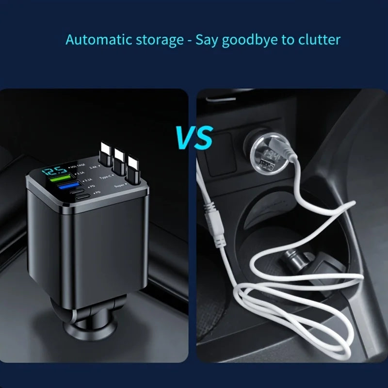 7-in-1 Car Charger with Retractable Cable and Multiple Fast-Charging Ports; LED Display for Real-Time Voltage Monitoring; Simultaneous Charging for Multiple Devices (Phones and Tablets); Say Goodbye to Cluttered Cables in You